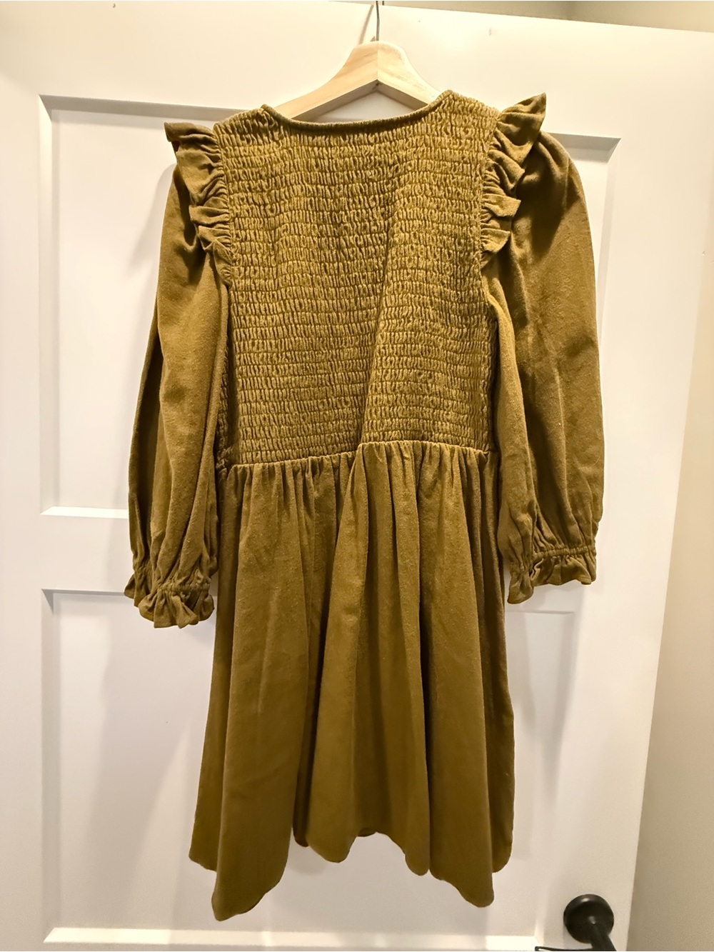 Madewell Olive Green Smocked V-Neck Long Sleeve Dress - Picture 3 of 4